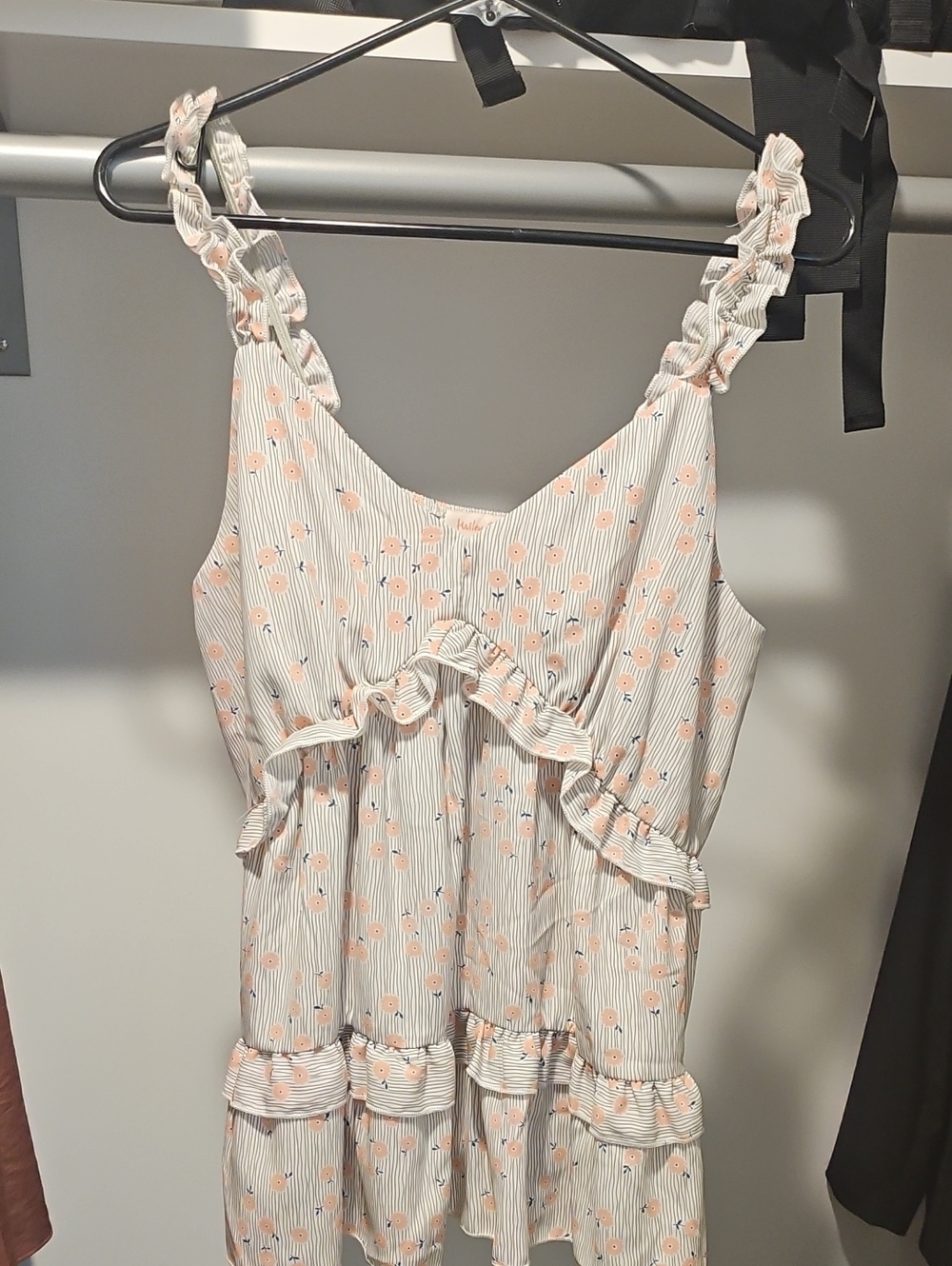 Ruffled Floral Striped Sundress in Peach & Cream